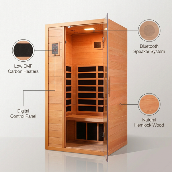 1 Person Extendable FAR Infrared Sauna for Home, Hemlock Wood Low EMF 6 Carbon Heaters Indoor Saunas with LED Lights, Bluetooth Speaker, Digital Control Panel, and Seating Bench — Lifestyle